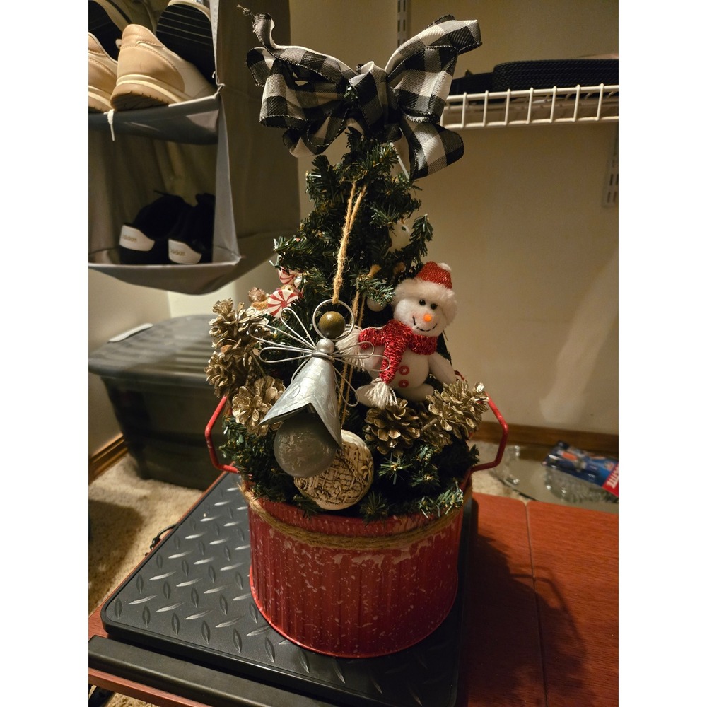 Rustic Tabletop Christmas Tree in Red Metal Bucket Buffalo Check Farmhouse Decor